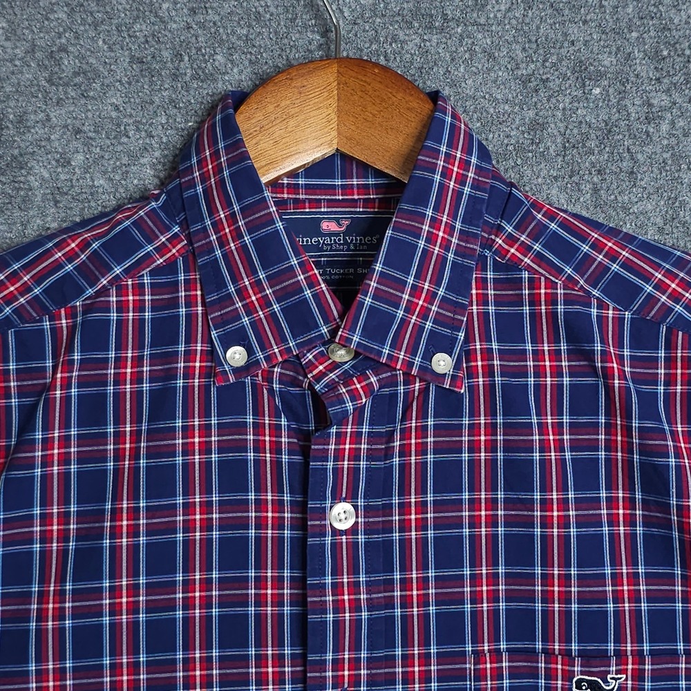 Vineyard Vines Dress Shirt Men's Small Blue Red Plaid Slim Fit Tucker Cotton - Picture 4 of 10